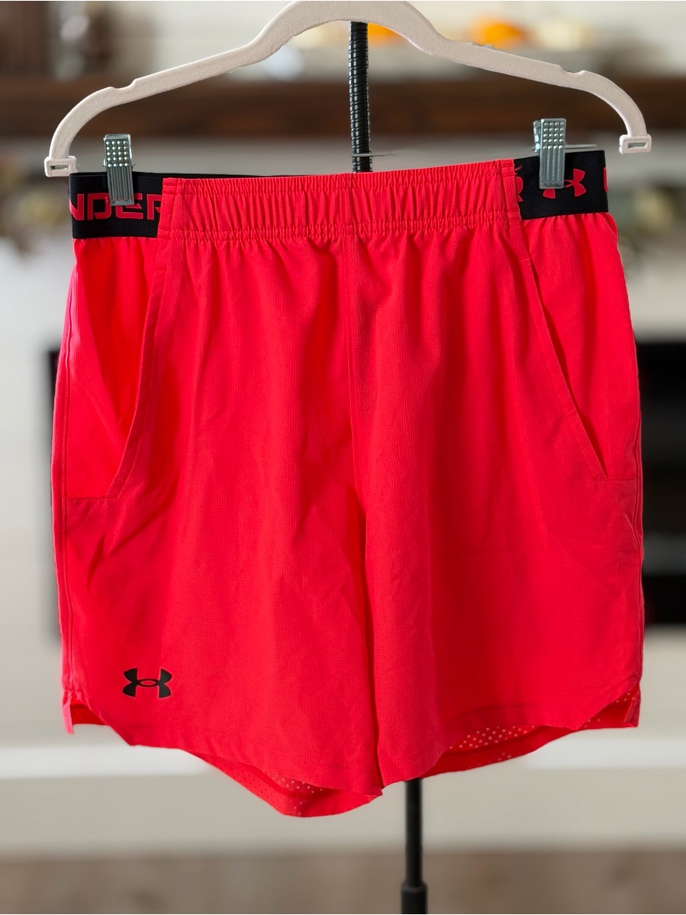 Under Armour Men’s Bright Neon Red Athletic Shorts with Black Waistband